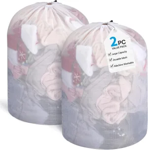 2-Pack Mesh Laundry Bags, 24x32 Inches Heavy Duty Large Laundry Drawstring Bag, Washable Laundry Bag for College, Dorm, Travel, Family and Apartment Dwellers, white