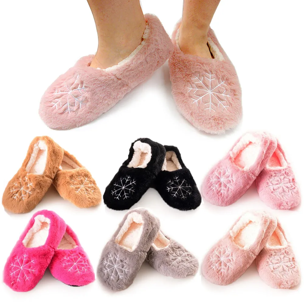 2 Pair Women Fuzzy Slippers Snowflake Winter Fur Thermal Warm Furry House Shoes