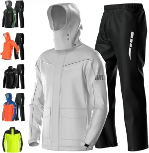 2-Pcs Motorcycle Jacket Men & Pants, 100% Waterproof Protective Rain Gear Reflective Jacket with Hood, All-Season