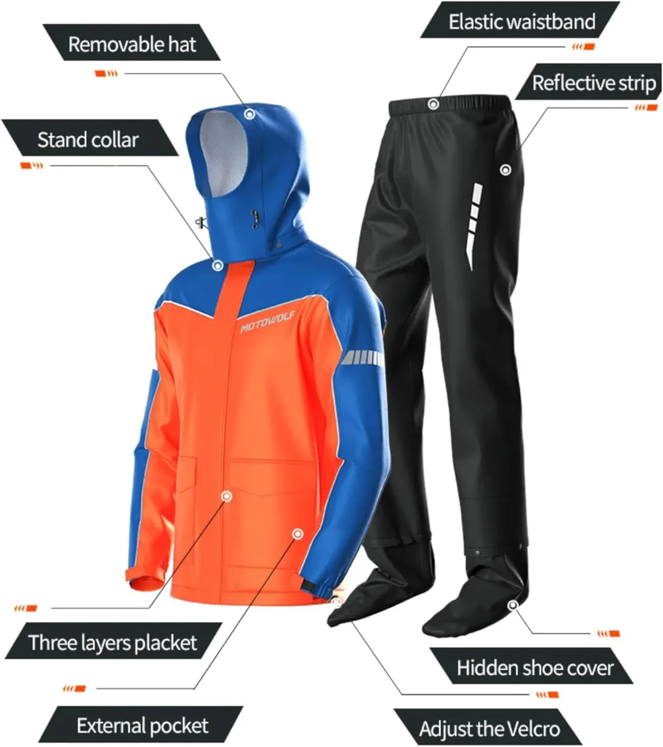 2-Pcs Motorcycle Jacket Men & Pants, 100% Waterproof Protective Rain Gear Reflective Jacket with Hood, All-Season