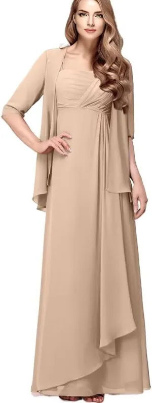 2 Piece Mother of The Bride Dresses with Jacket Chiffon Ruffle Wedding Mother of Groom Long Evening Gowns Half Sleeve