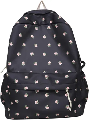 2025 Kawaii Floral Print Backpack with Pendant Preppy Backpack Cottagecore Bag Coquette Aesthetic Backpack Daypack (Black,One Size)