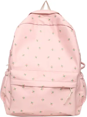 2025 Kawaii Floral Print Backpack with Pendant Preppy Backpack Cottagecore Bag Coquette Aesthetic Backpack Daypack (Pink,One Size)