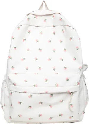 2025 Kawaii Floral Print Backpack with Pendant Preppy Backpack Cottagecore Bag Coquette Aesthetic Backpack Daypack (White,One Size)