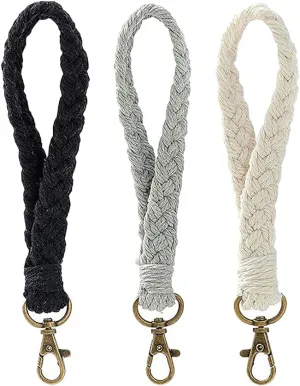 3 Pcs Boho Macrame Wristlet Keychain Cell Phone Lanyard Bracelet Braided Keychain Strap Keyring Wrist Strap Car Key Wristlet Strap Wallet Hand Strap Anti Lost Phone Strap Black Beige Grey