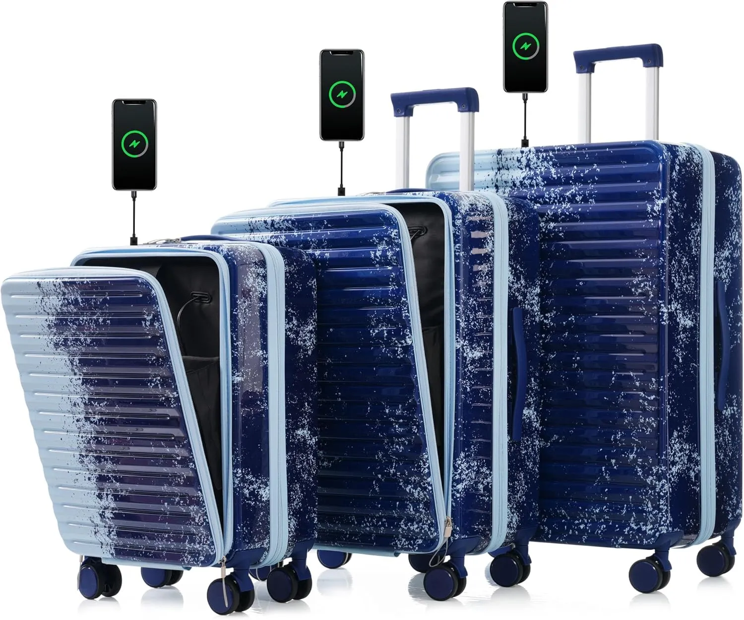 3 Piece Hard Shell Luggage Set with Front Pocket, TSA Lock, USB Interface & Spinner Wheels (20" 24" 28", Gradient Blue)