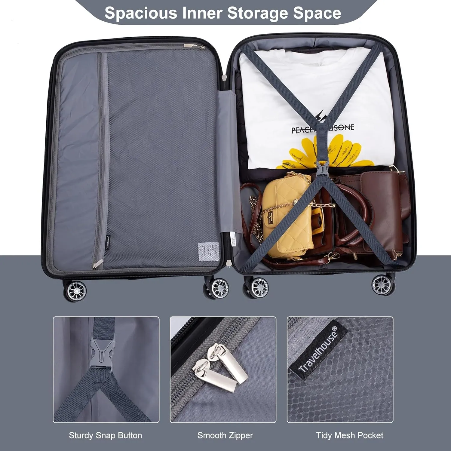 3-Piece Luggage Set (20" / 24" / 28"), PP Durable & Lightweight Hardshell Suitcase with 360 Double Spinner Wheels and TSA Lock, Carry-On & Checked Travel Gear Set (Gray)