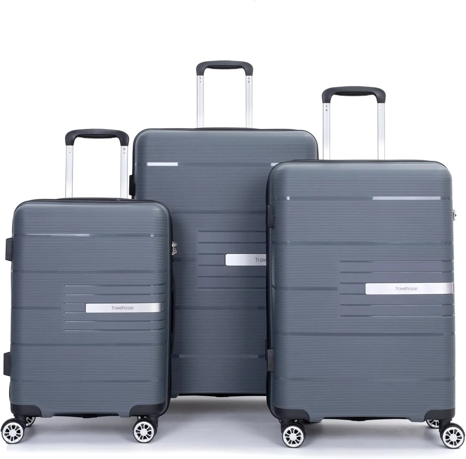 3-Piece Luggage Set (20" / 24" / 28"), PP Durable & Lightweight Hardshell Suitcase with 360 Double Spinner Wheels and TSA Lock, Carry-On & Checked Travel Gear Set (Gray)