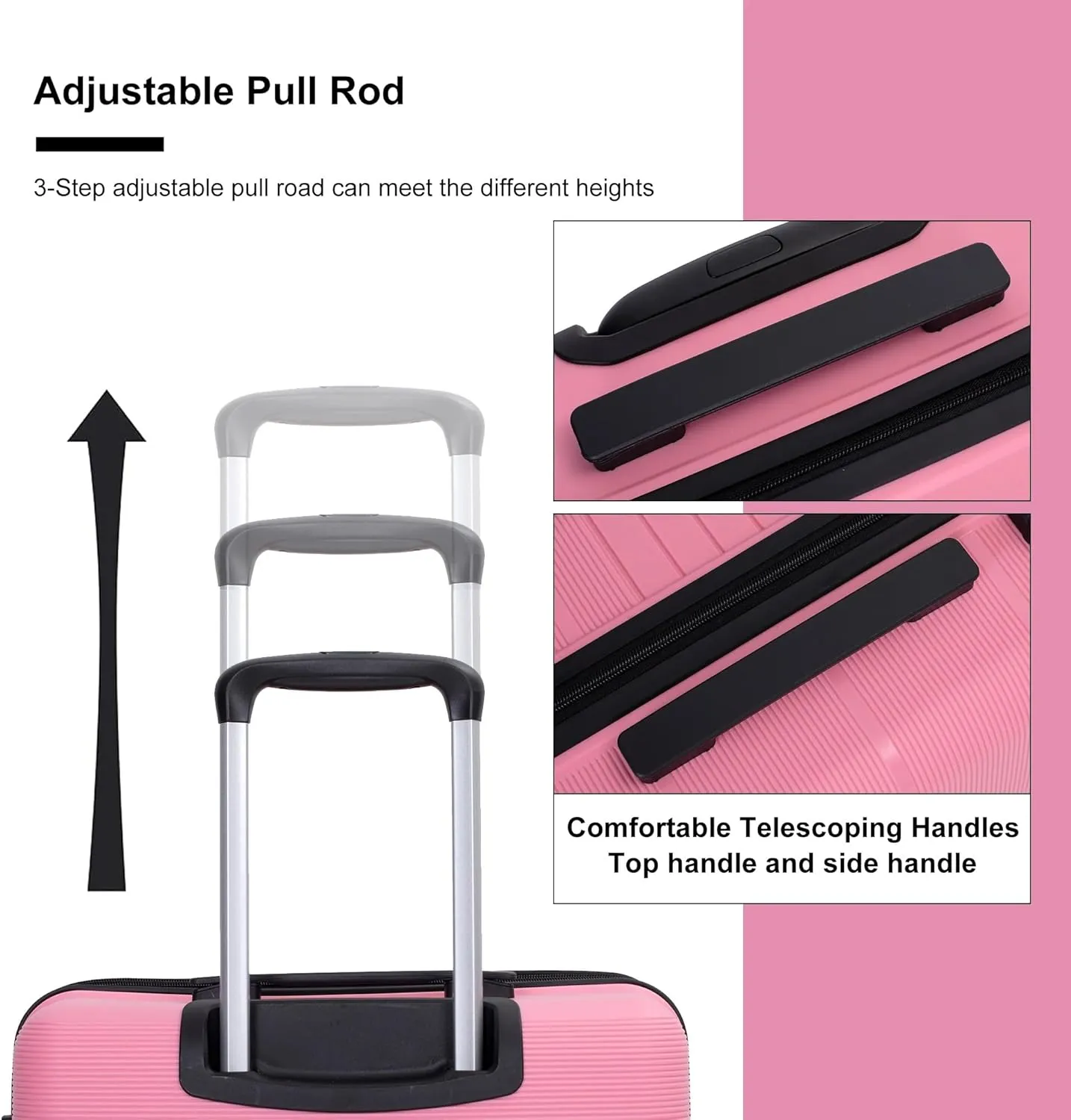3-Piece Luggage Set (20" / 24" / 28"), PP Durable & Lightweight Hardshell Suitcase with 360 Double Spinner Wheels and TSA Lock, Carry-On & Checked Travel Gear Set (Pink)