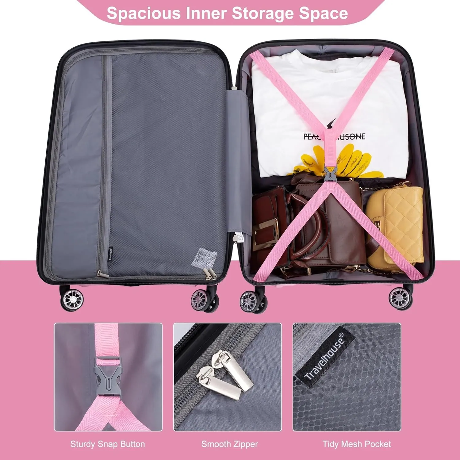 3-Piece Luggage Set (20" / 24" / 28"), PP Durable & Lightweight Hardshell Suitcase with 360 Double Spinner Wheels and TSA Lock, Carry-On & Checked Travel Gear Set (Pink)