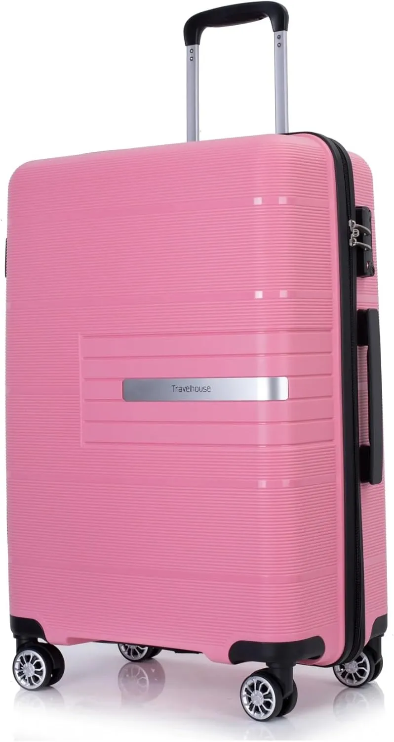 3-Piece Luggage Set (20" / 24" / 28"), PP Durable & Lightweight Hardshell Suitcase with 360 Double Spinner Wheels and TSA Lock, Carry-On & Checked Travel Gear Set (Pink)