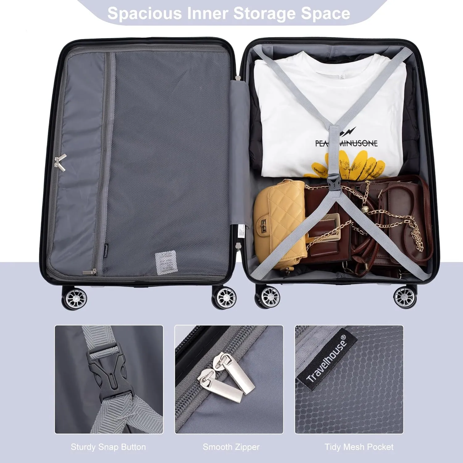 3-Piece Luggage Set (20" / 24" / 28"), PP Durable & Lightweight Hardshell Suitcase with 360 Double Spinner Wheels and TSA Lock, Carry-On & Checked Travel Gear Set (Silver)