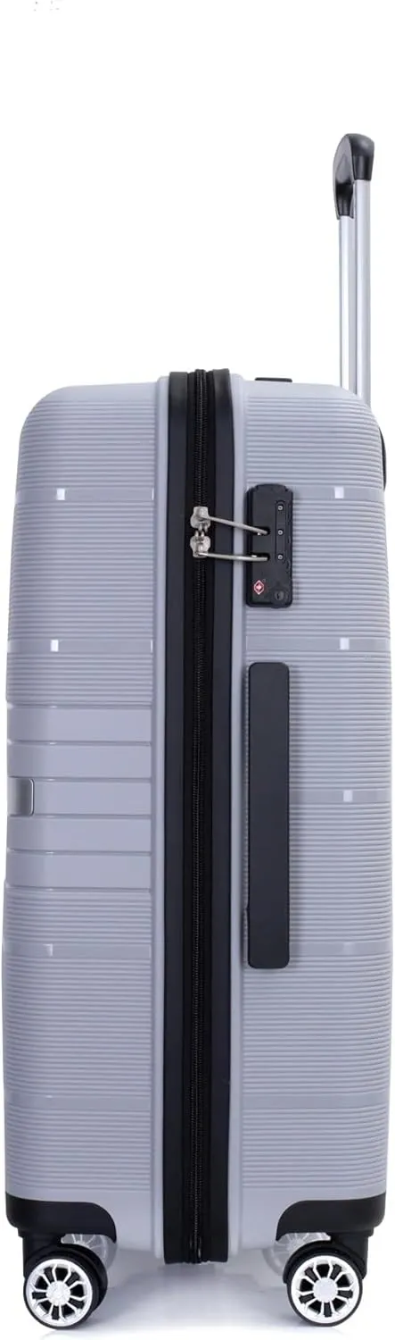 3-Piece Luggage Set (20" / 24" / 28"), PP Durable & Lightweight Hardshell Suitcase with 360 Double Spinner Wheels and TSA Lock, Carry-On & Checked Travel Gear Set (Silver)