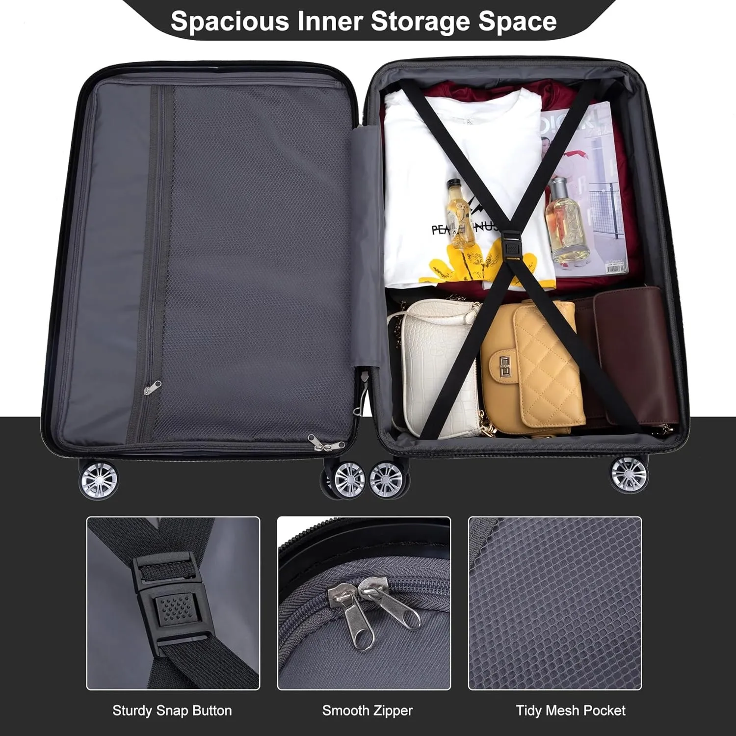 3-Piece Luggage Set (21", 25", 29"), Durable & Lightweight Expandable Suitcase with 360 Double Spinner Wheels, Two Hooks and TSA Lock, Carry-On & Checked Travel Gear Set (Black)