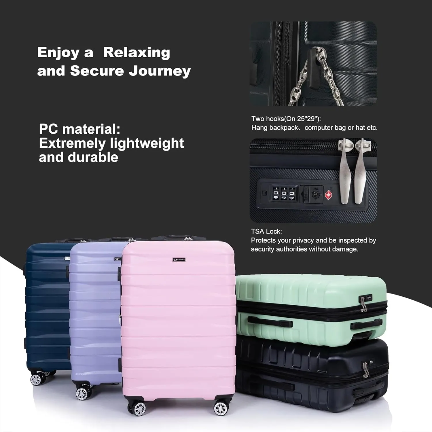 3-Piece Luggage Set (21", 25", 29"), Durable & Lightweight Expandable Suitcase with 360 Double Spinner Wheels, Two Hooks and TSA Lock, Carry-On & Checked Travel Gear Set (Black)
