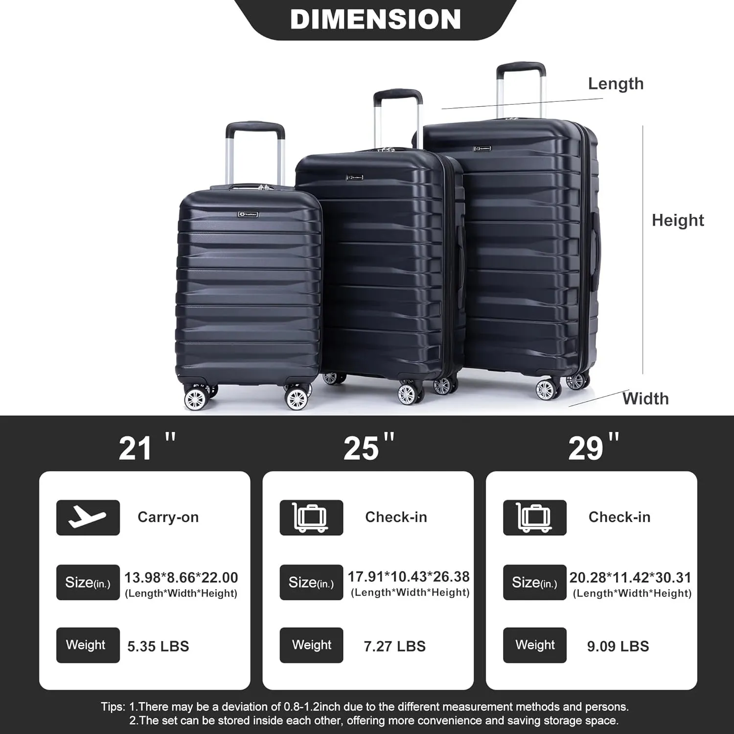 3-Piece Luggage Set (21", 25", 29"), Durable & Lightweight Expandable Suitcase with 360 Double Spinner Wheels, Two Hooks and TSA Lock, Carry-On & Checked Travel Gear Set (Black)