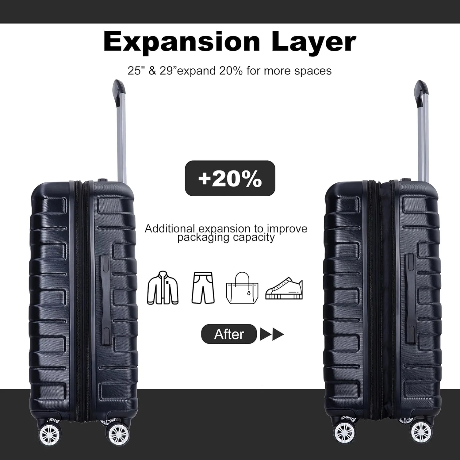 3-Piece Luggage Set (21", 25", 29"), Durable & Lightweight Expandable Suitcase with 360 Double Spinner Wheels, Two Hooks and TSA Lock, Carry-On & Checked Travel Gear Set (Black)