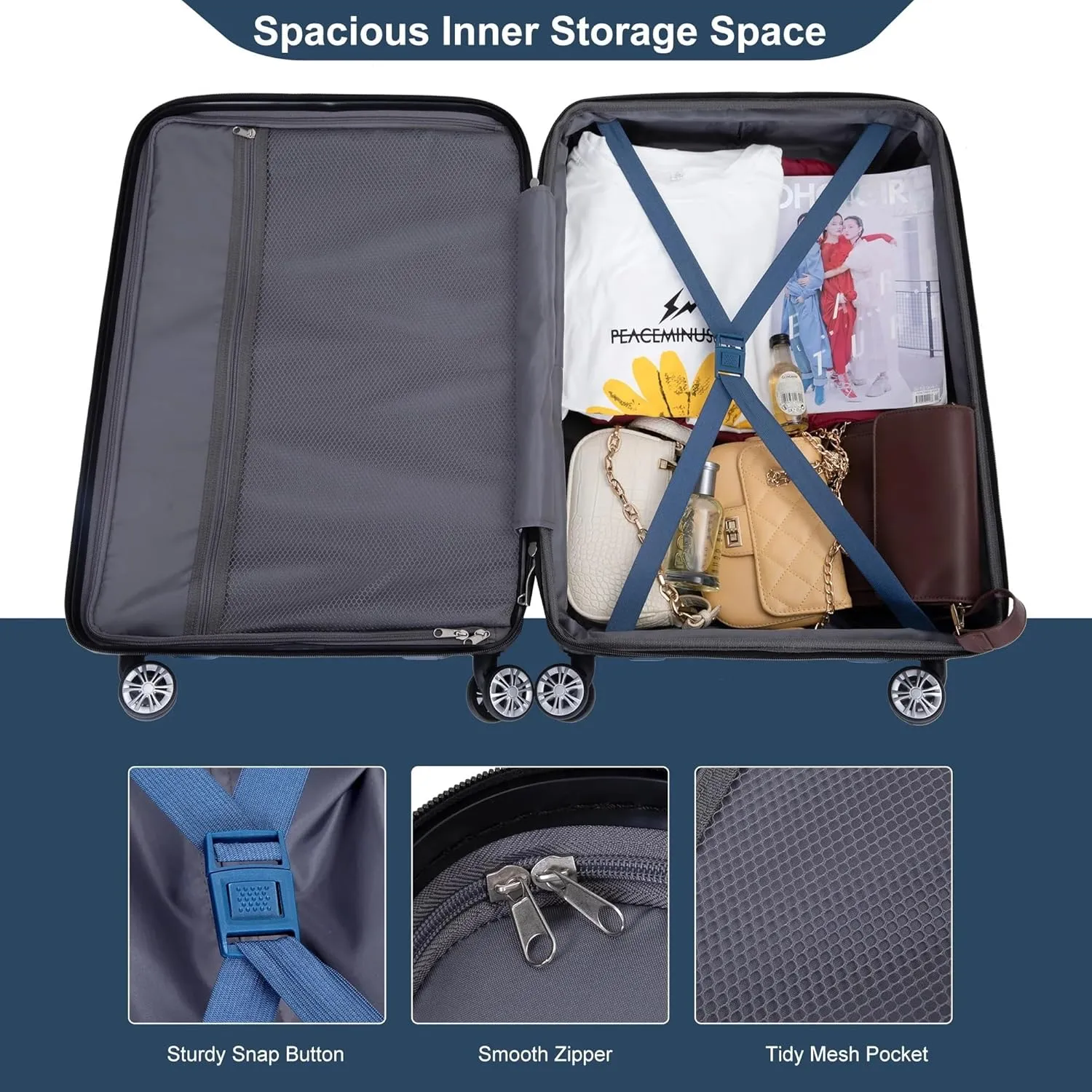 3-Piece Luggage Set (21", 25", 29"), Durable & Lightweight Expandable Suitcase with 360 Double Spinner Wheels, Two Hooks and TSA Lock, Carry-On & Checked Travel Gear Set (Dark Blue)