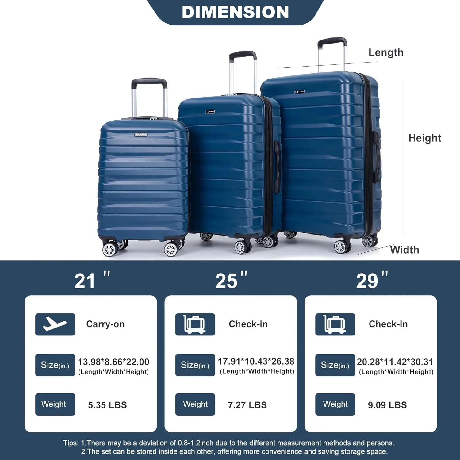 3-Piece Luggage Set (21", 25", 29"), Durable & Lightweight Expandable Suitcase with 360 Double Spinner Wheels, Two Hooks and TSA Lock, Carry-On & Checked Travel Gear Set (Dark Blue)