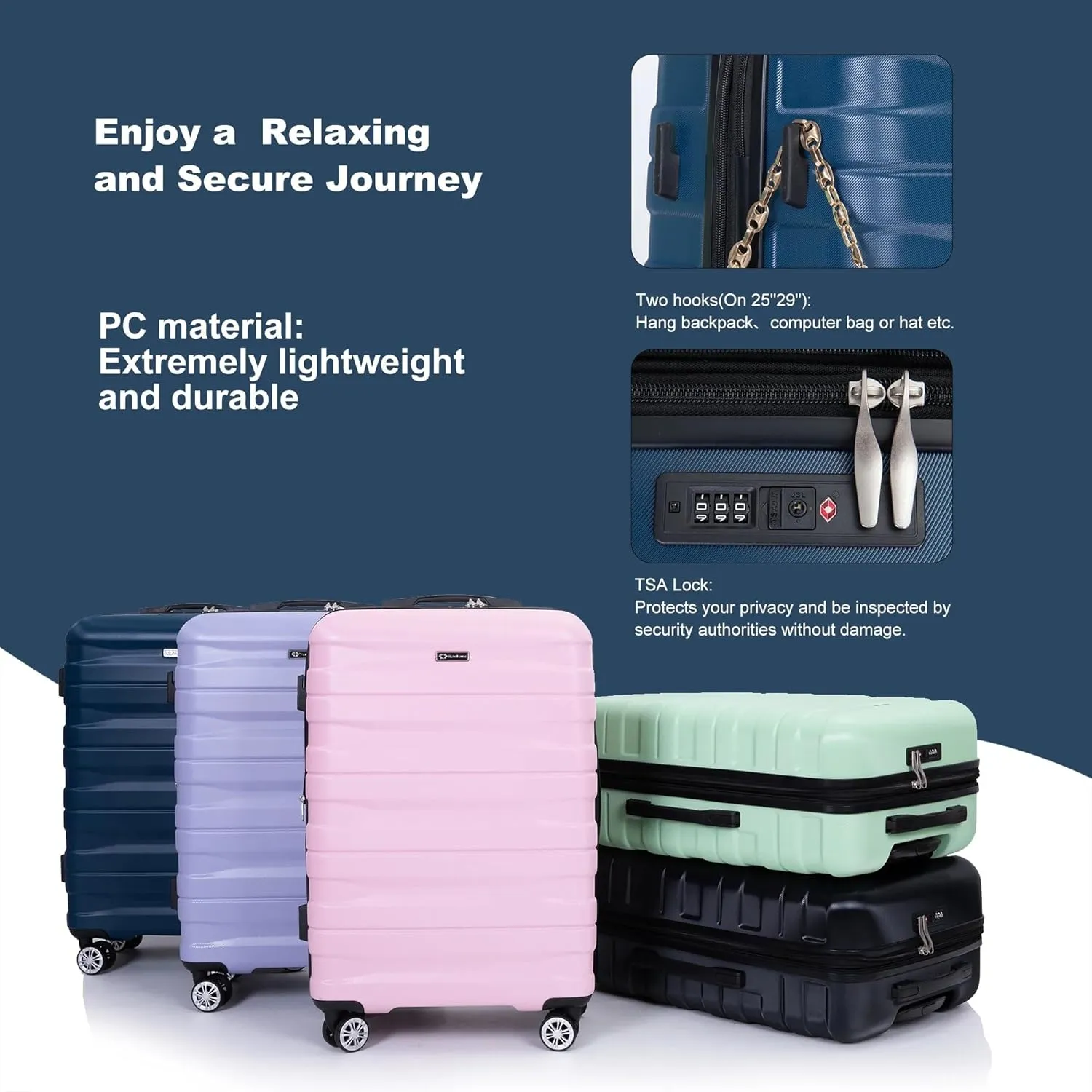 3-Piece Luggage Set (21", 25", 29"), Durable & Lightweight Expandable Suitcase with 360 Double Spinner Wheels, Two Hooks and TSA Lock, Carry-On & Checked Travel Gear Set (Dark Blue)