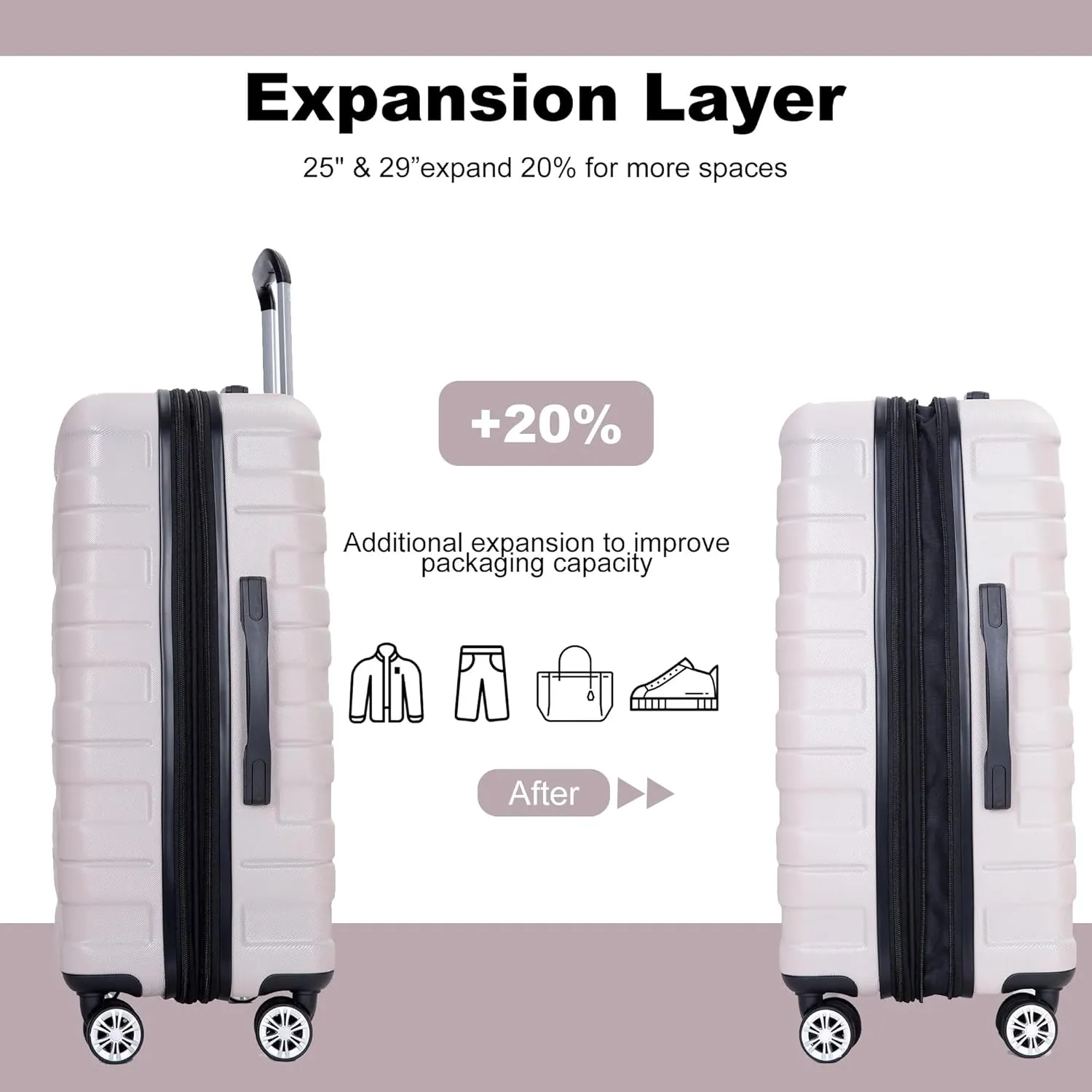 3-Piece Luggage Set (21", 25", 29"), Durable & Lightweight Expandable Suitcase with 360 Double Spinner Wheels, Two Hooks and TSA Lock, Carry-On & Checked Travel Gear Set (Sand)