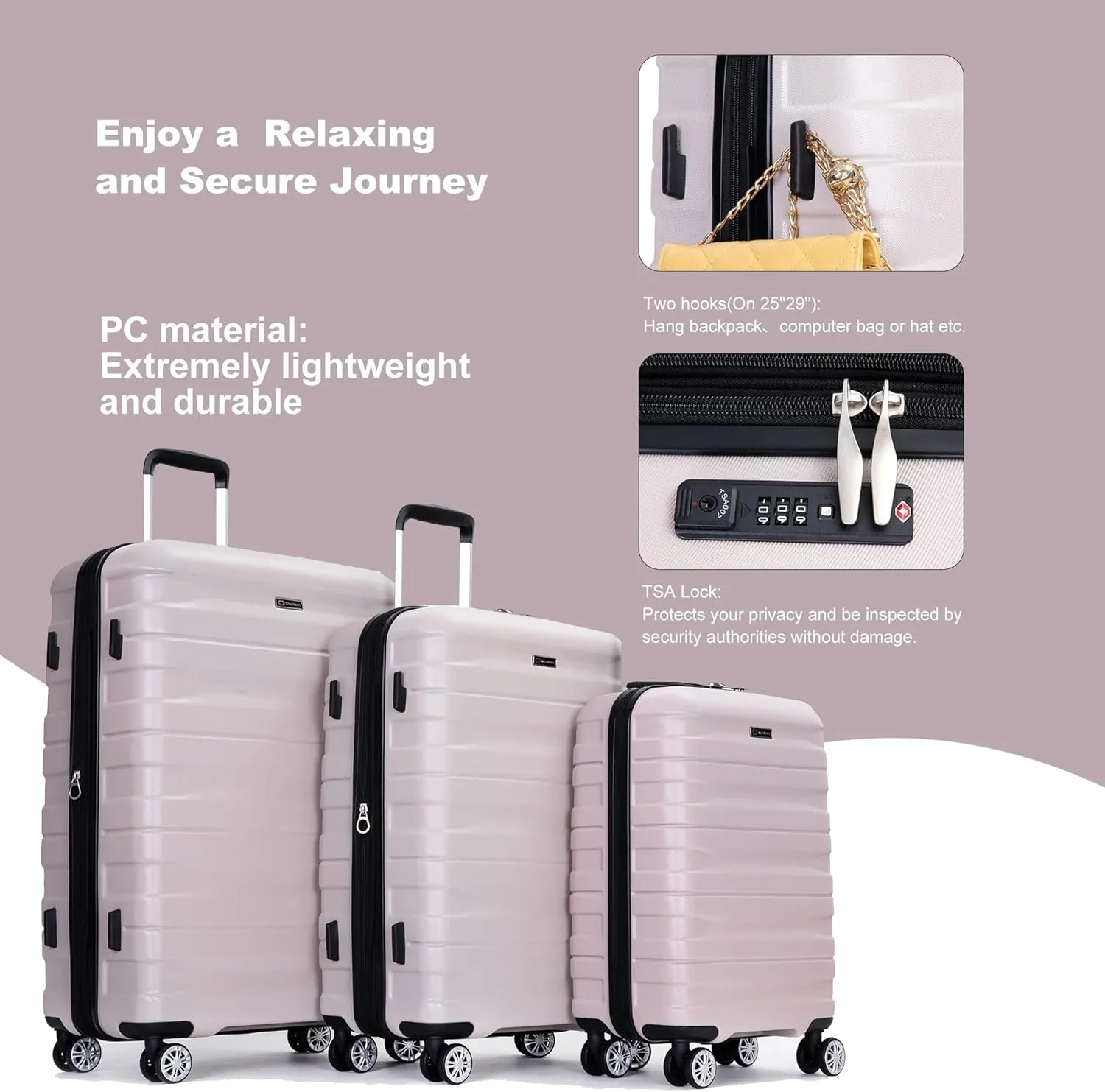 3-Piece Luggage Set (21", 25", 29"), Durable & Lightweight Expandable Suitcase with 360 Double Spinner Wheels, Two Hooks and TSA Lock, Carry-On & Checked Travel Gear Set (Sand)