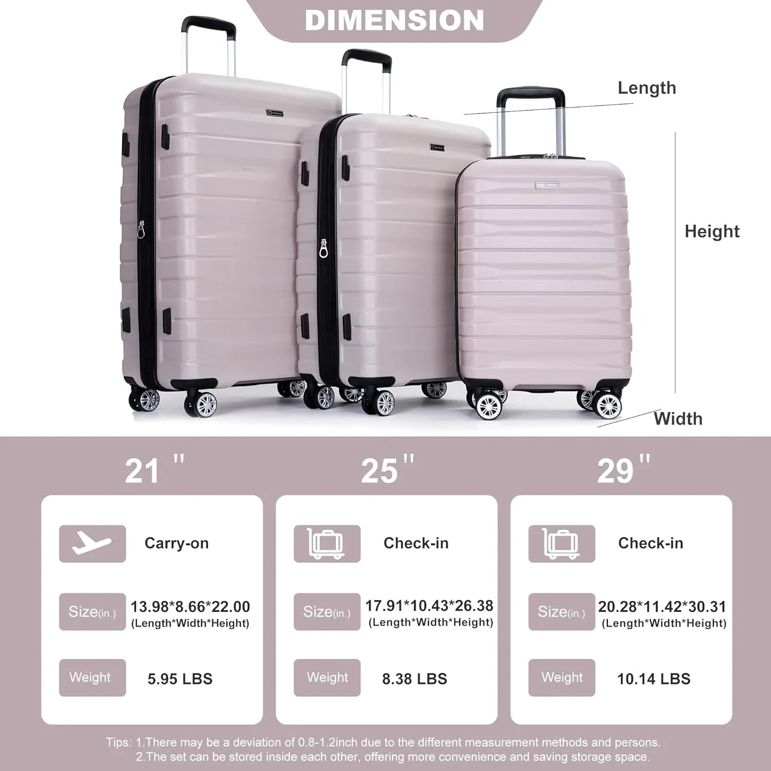 3-Piece Luggage Set (21", 25", 29"), Durable & Lightweight Expandable Suitcase with 360 Double Spinner Wheels, Two Hooks and TSA Lock, Carry-On & Checked Travel Gear Set (Sand)