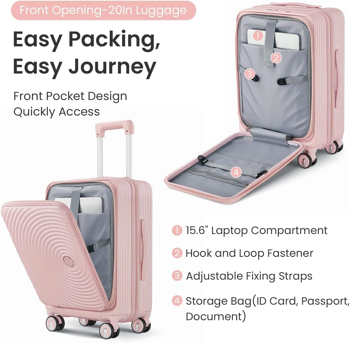 3-Piece Luggage Sets, Expandable Carry On Luggage with TSA Lock, Lightweight PC Hardside Suitcase with Wheels, Travel Harshell Spinner Luggage for Business Trips, Vacations (Pink, 20/24/28)