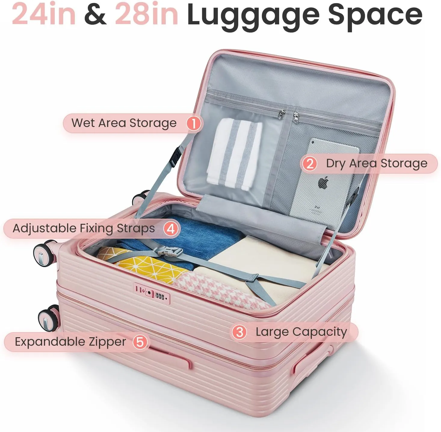 3-Piece Luggage Sets, Expandable Carry On Luggage with TSA Lock, Lightweight PC Hardside Suitcase with Wheels, Travel Harshell Spinner Luggage for Business Trips, Vacations (Pink, 20/24/28)