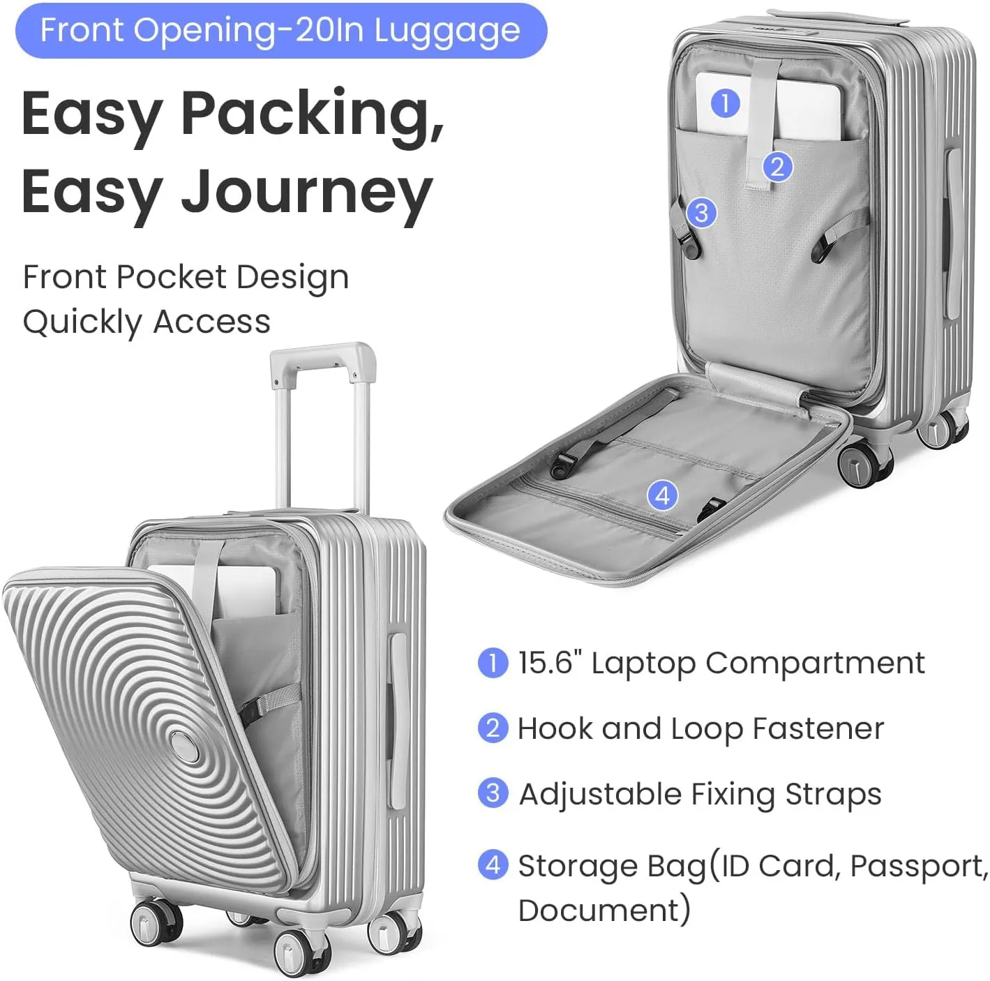 3-Piece Luggage Sets, Expandable Carry On Luggage with TSA Lock, Lightweight PC Hardside Suitcase with Wheels, Travel Harshell Spinner Luggage for Business Trips, Vacations (Silver, 20/24/28)