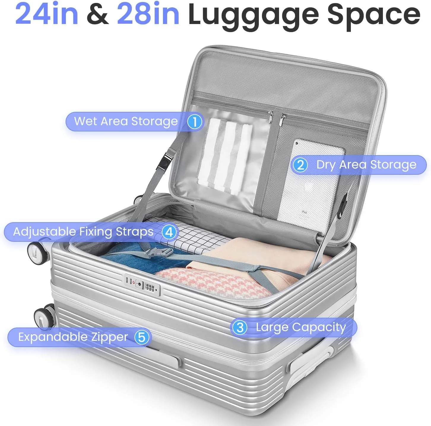 3-Piece Luggage Sets, Expandable Carry On Luggage with TSA Lock, Lightweight PC Hardside Suitcase with Wheels, Travel Harshell Spinner Luggage for Business Trips, Vacations (Silver, 20/24/28)