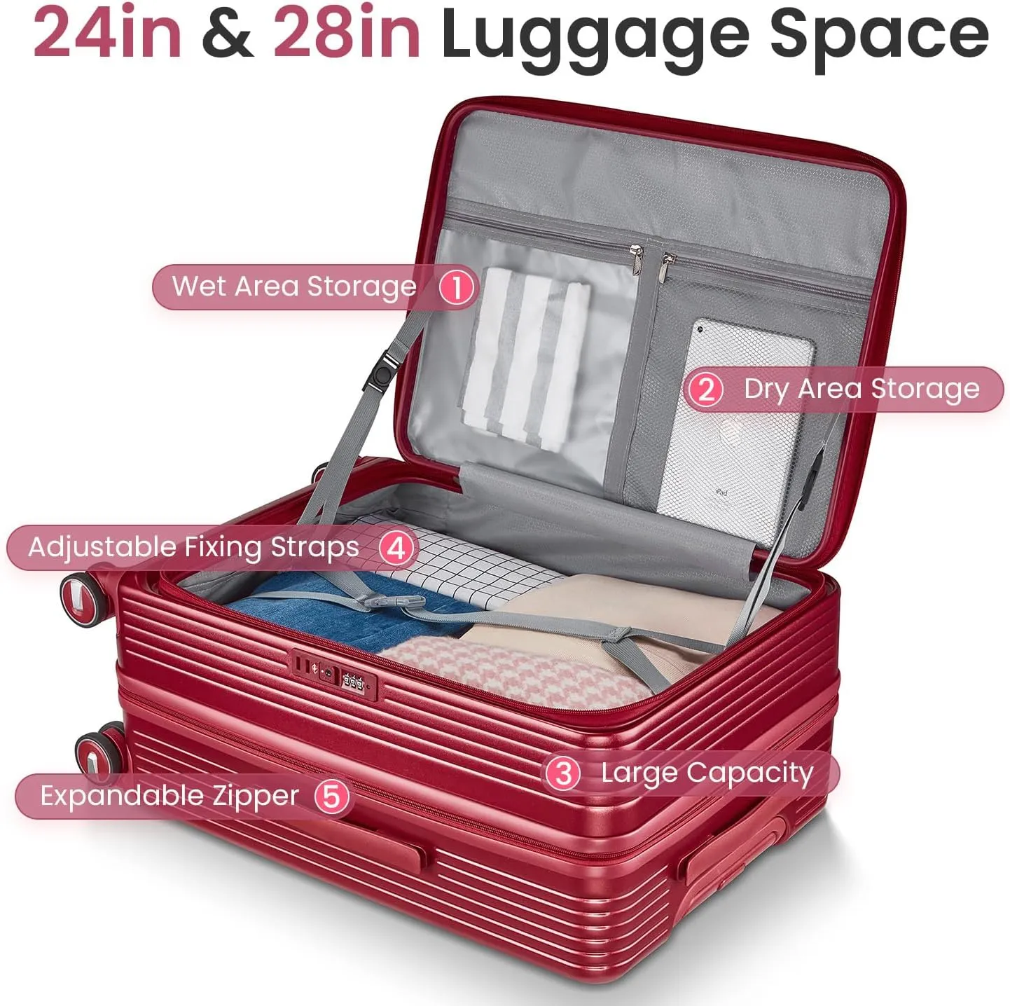 3-Piece Luggage Sets, Expandable Carry On Luggage with TSA Lock, Lightweight PC Hardside Suitcase with Wheels, Travel Harshell Spinner Luggage for Business Trips, Vacations (Wine Red, 20/24/28)