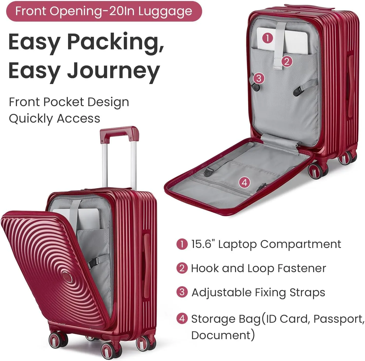 3-Piece Luggage Sets, Expandable Carry On Luggage with TSA Lock, Lightweight PC Hardside Suitcase with Wheels, Travel Harshell Spinner Luggage for Business Trips, Vacations (Wine Red, 20/24/28)