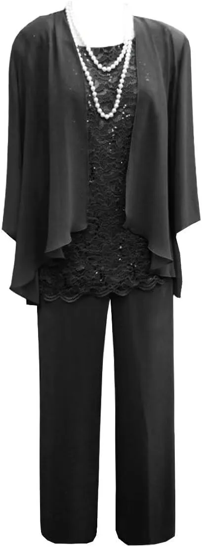 3 Pieces Christmas Pant Suits for Women Dressy Wedding Lace Chiffon Mother of The Bride Pant Suits for Women