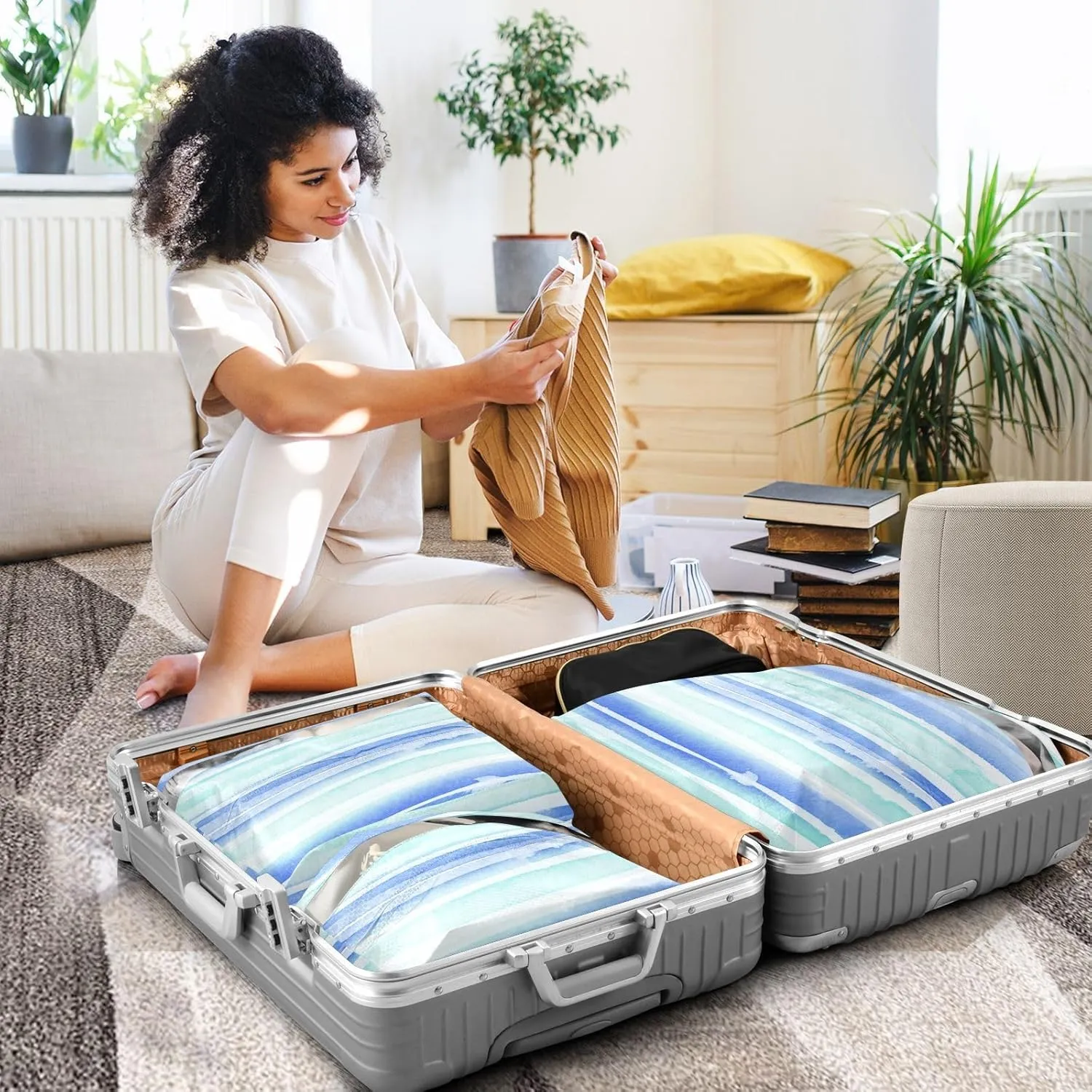 3 Set Travel Packing Cubes For Suitcases, Blue Green Stripes, Stackable, Garment Bag Closet Storage, Luggage Space Saver, Organizadores De Maletas Para
