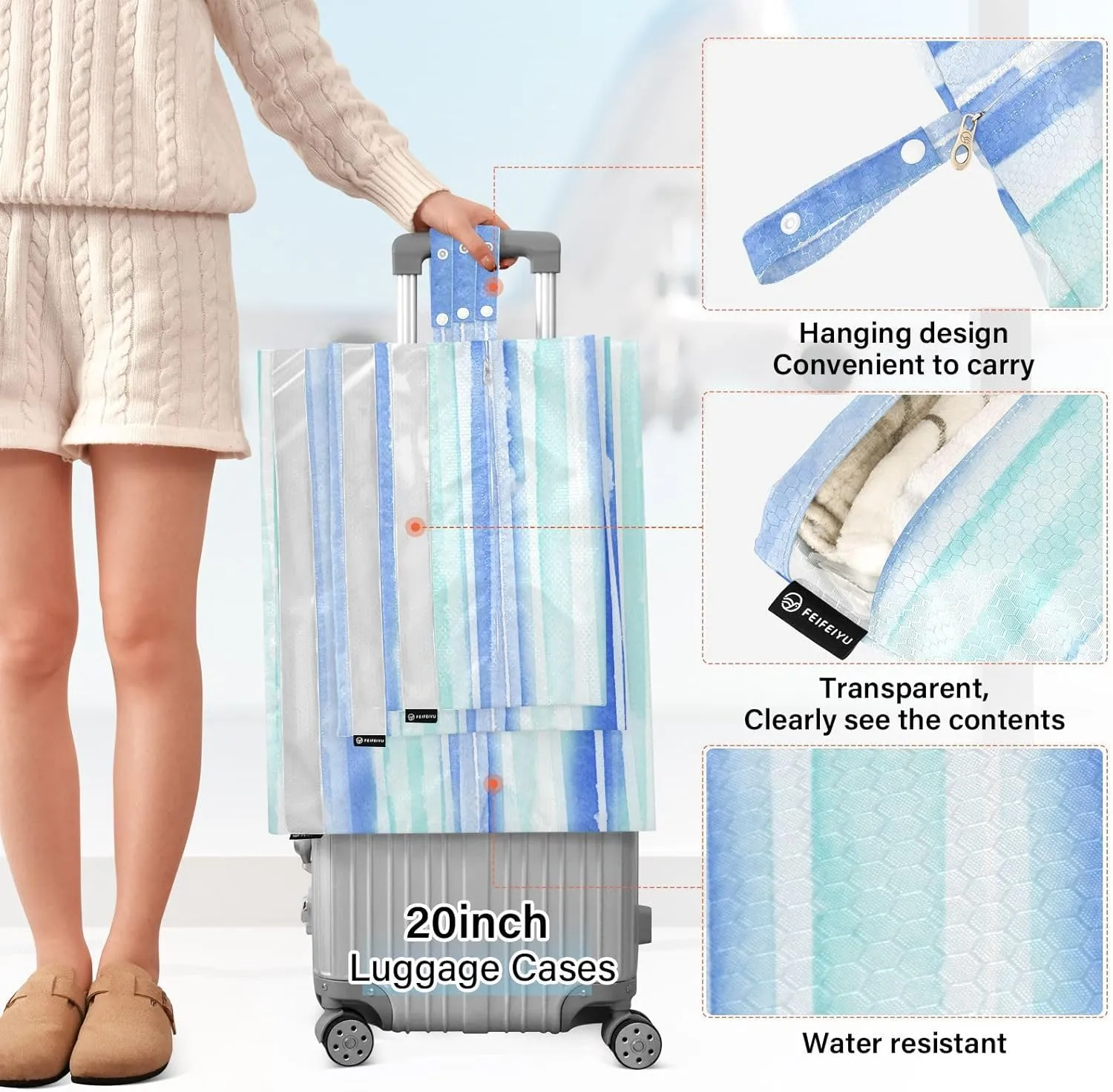 3 Set Travel Packing Cubes For Suitcases, Blue Green Stripes, Stackable, Garment Bag Closet Storage, Luggage Space Saver, Organizadores De Maletas Para