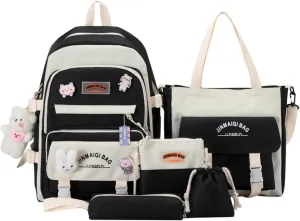 5pcs Kawaii Backpack Set Cute Aesthetic Backpack Preppy Laptop Backpack Japanese Daypack College Backpack (Black,One Size)