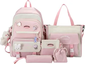 5pcs Kawaii Backpack Set Cute Aesthetic Backpack Preppy Laptop Backpack Japanese Daypack College Backpack (Pink,One Size)