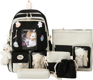 5PCS Kawaii Backpack Set with Cute Pendant and Pins Cute Aesthetic Bookbag Casual Daypack 15.6in Laptop Bag (Black,One Size)