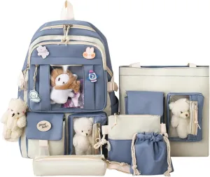5PCS Kawaii Backpack Set with Cute Pendant and Pins Cute Aesthetic Bookbag Casual Daypack 15.6in Laptop Bag (Blue,One Size)