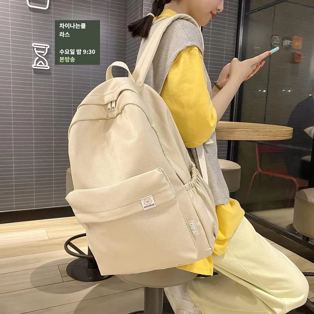 Aesthetic Backpack for Women Preppy College Backpack Classic Casual Daypack Kawaii Laptop Backpack Light Rucksack (One Size,Beige)
