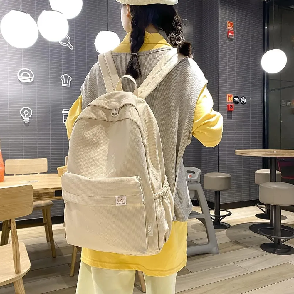 Aesthetic Backpack for Women Preppy College Backpack Classic Casual Daypack Kawaii Laptop Backpack Light Rucksack (One Size,Beige)