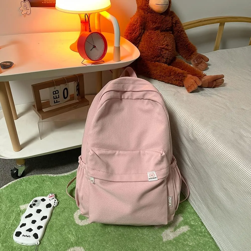 Aesthetic Backpack for Women Preppy College Backpack Classic Casual Daypack Kawaii Laptop Backpack Light Rucksack (One Size,Pastel Pink)