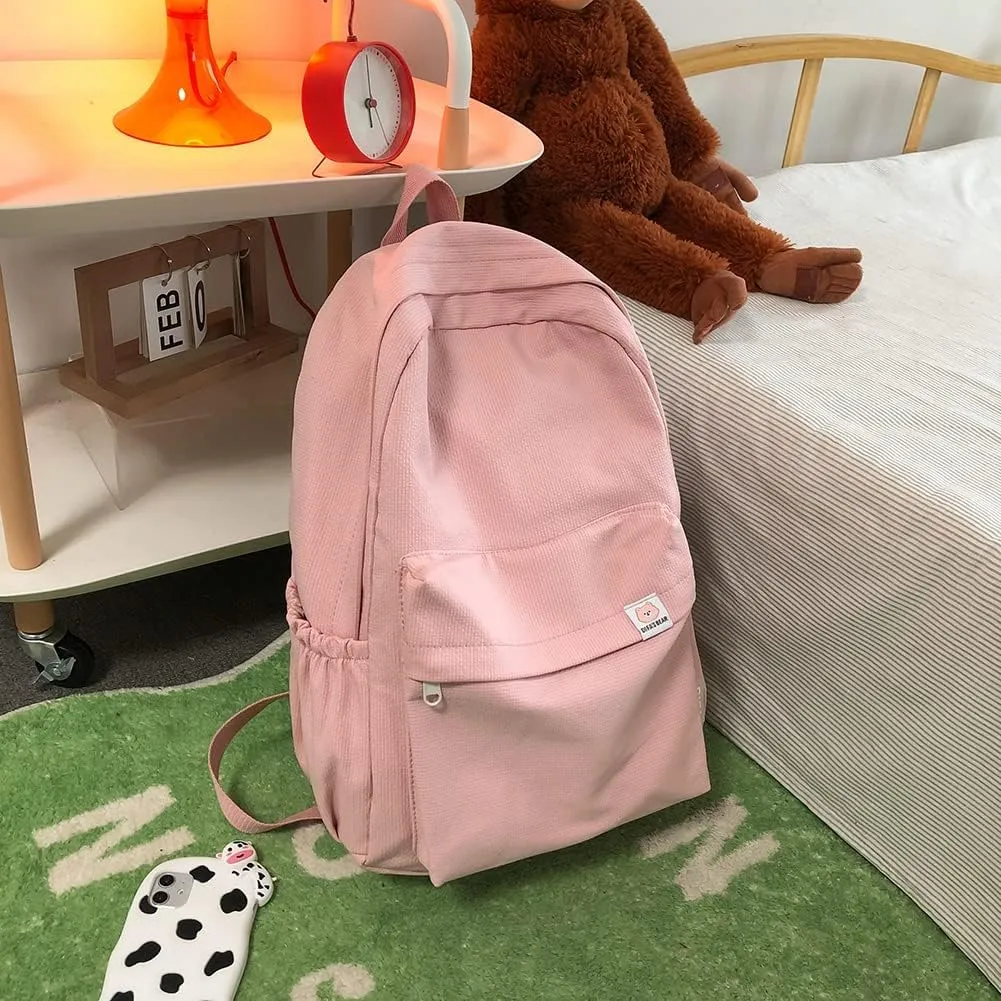 Aesthetic Backpack for Women Preppy College Backpack Classic Casual Daypack Kawaii Laptop Backpack Light Rucksack (One Size,Pastel Pink)