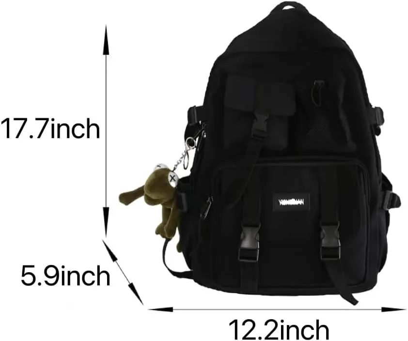 Aesthetic Backpack with Cute Frog Pendant for Women Men Preppy Laptop Backpack Japanese Harajuku College Backpack (Black,One Size)