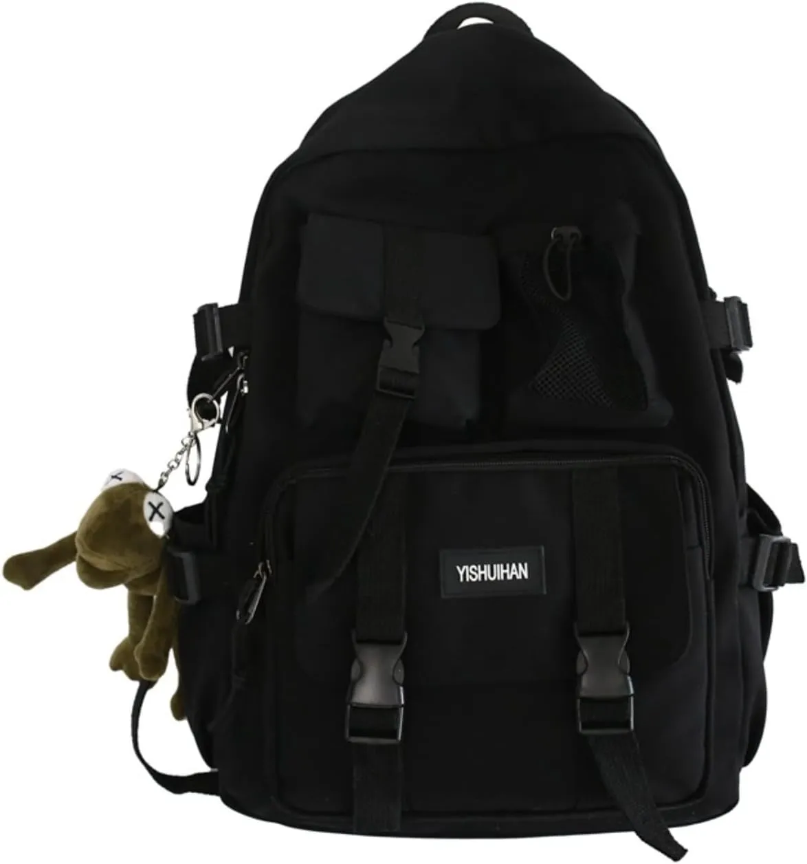Aesthetic Backpack with Cute Frog Pendant for Women Men Preppy Laptop Backpack Japanese Harajuku College Backpack (Black,One Size)