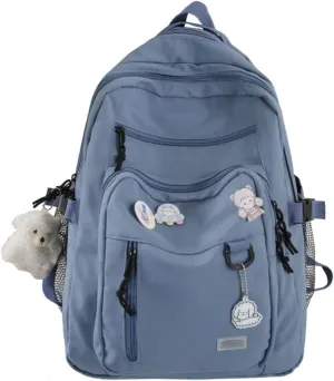 Aesthetic College Backpack with Pins and Plushies Kawaii Laptop Backpack Preppy Daypack Cute Travel Bag Book Bag (Blue,One Size)