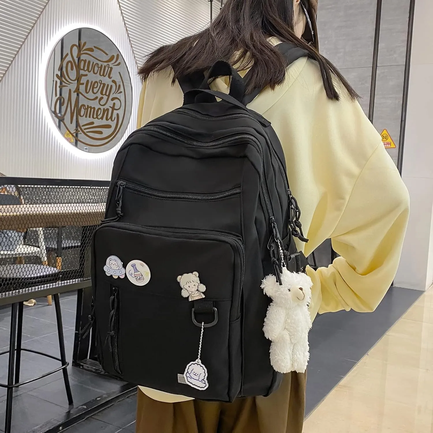 Aesthetic College Backpack with Pins and Plushies Kawaii Laptop Backpack Preppy Daypack Cute Travel Bag Book Bag (Blue,One Size)