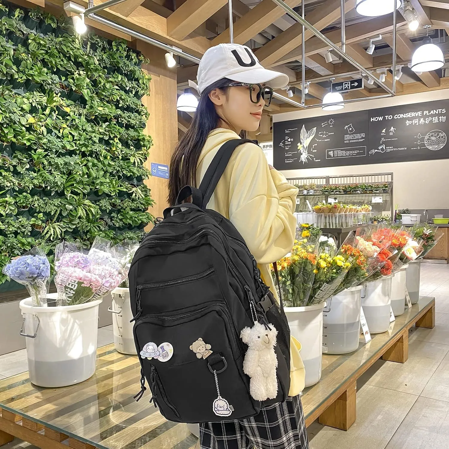 Aesthetic College Backpack with Pins and Plushies Kawaii Laptop Backpack Preppy Daypack Cute Travel Bag Book Bag (Blue,One Size)