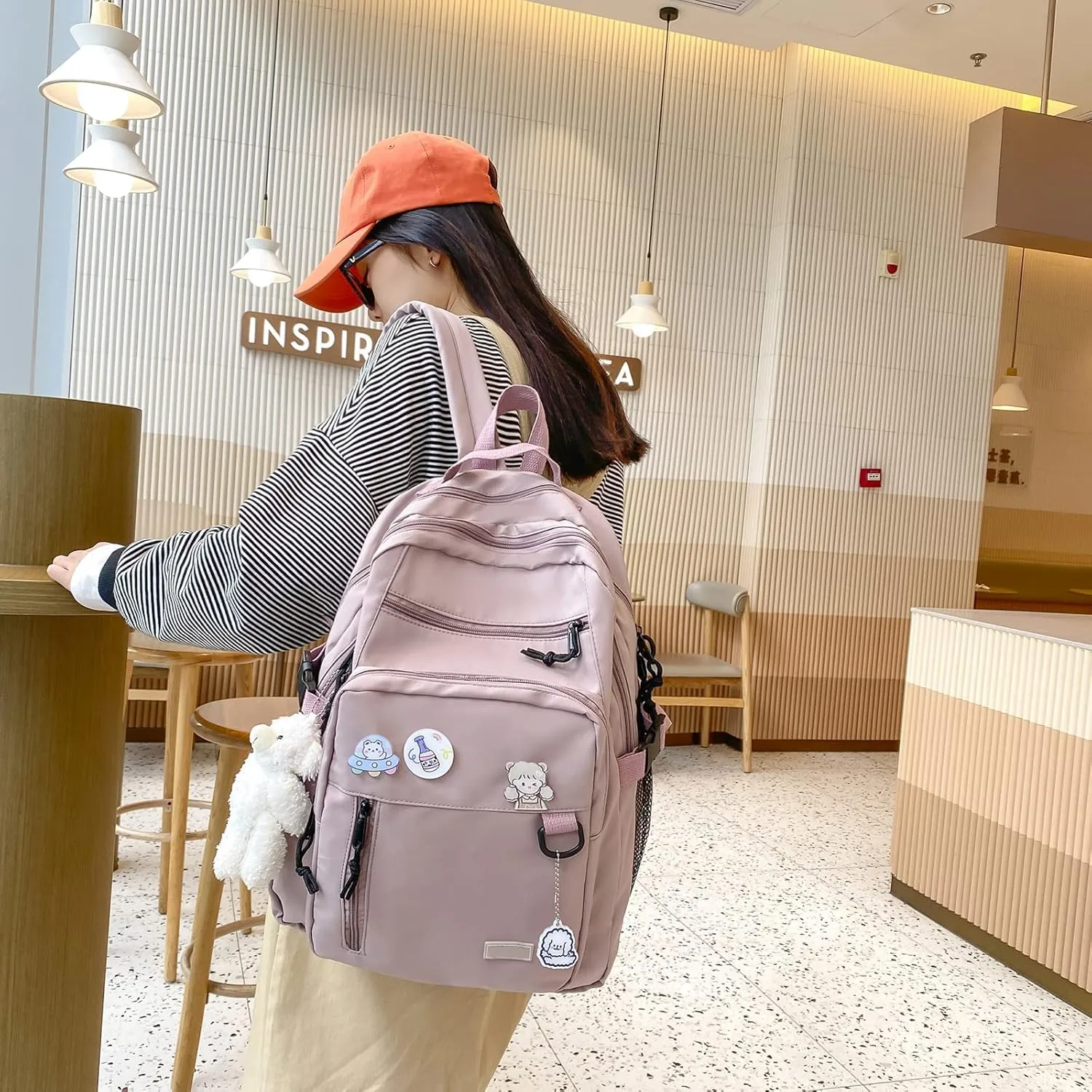Aesthetic College Backpack with Pins and Plushies Kawaii Laptop Backpack Preppy Daypack Cute Travel Bag Book Bag (Pink,One Size)